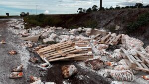 Carreta transportando 31 toneladas de farinha tomba em Nova Santa Rosa, no Paraná